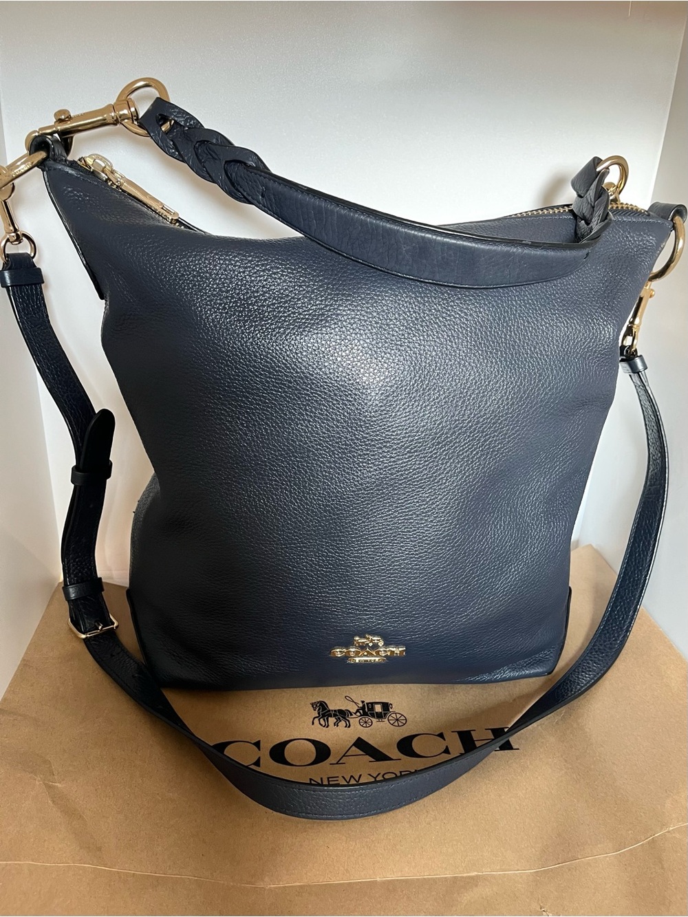 COACH F31507 Navy Blue Pebbled Leather Abby Duffle Hobo Bag